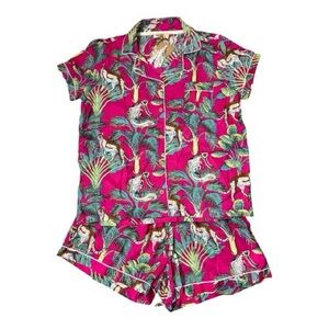 Haute Dreamz Sz M Pajama Short Set Jungle Print 100% Cotton Fuchsia Pink NWT